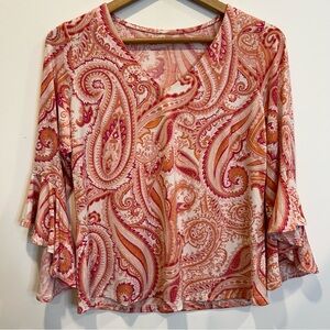 Laura Paisley Print Ruffle Sleeve V-Neck Top Shirt Burnt Orange